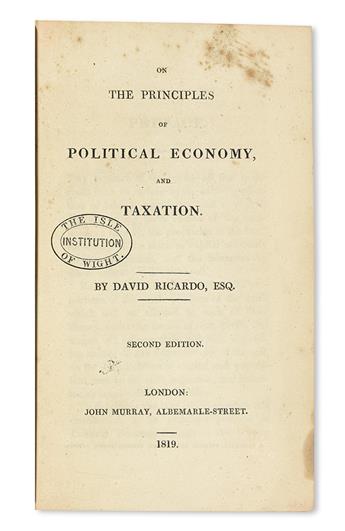 ECONOMICS  RICARDO, DAVID. On the Principles of Political Economy, and Taxation . . . Second Edition. 1819. Inscr. by Jacob Hollander.